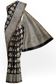 Hand block Bagru print on Chanderi silk cotton saree in black with leaves& floral motis