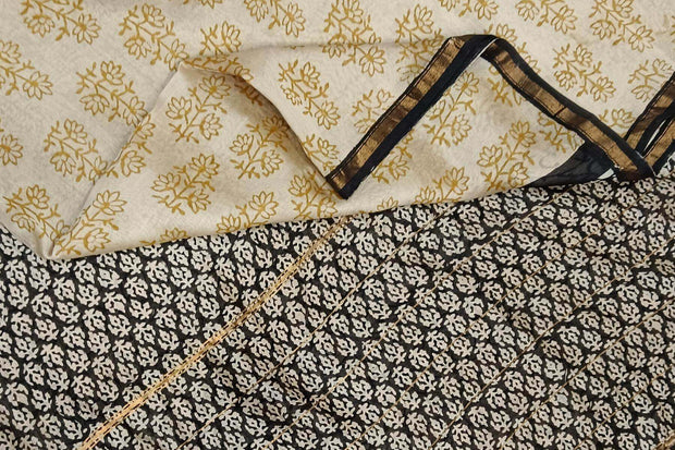 Hand block Bagru print on Chanderi silk cotton saree in off white