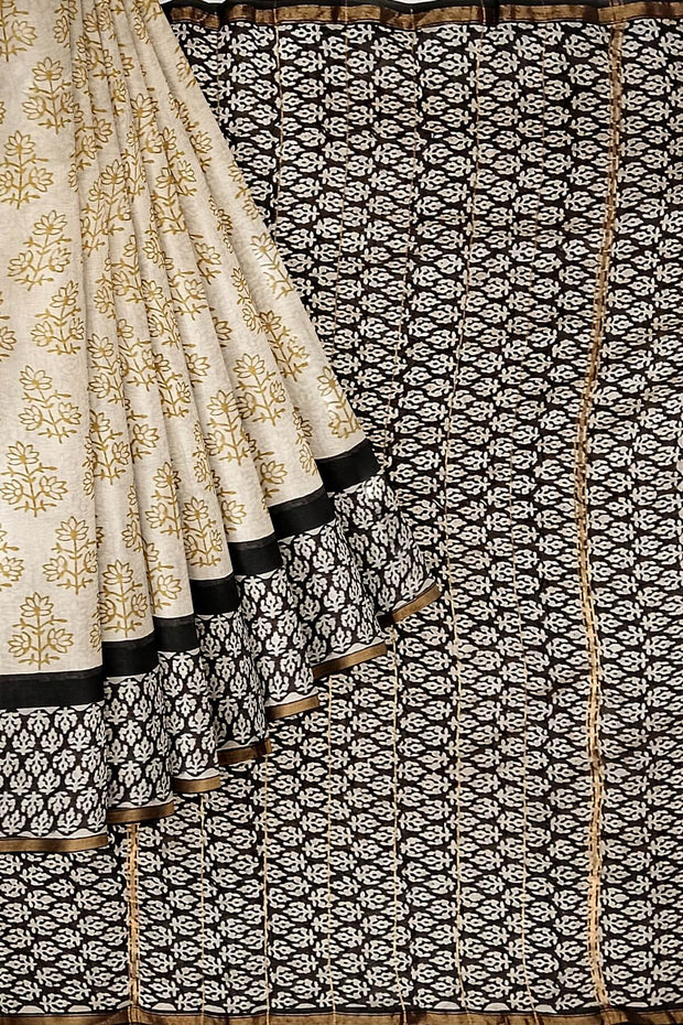 Hand block Bagru print on Chanderi silk cotton saree in off white