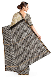 Hand block Bagru print on Chanderi silk cotton saree in off white