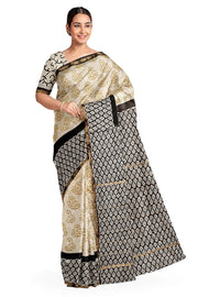 Hand block Bagru print on Chanderi silk cotton saree in off white