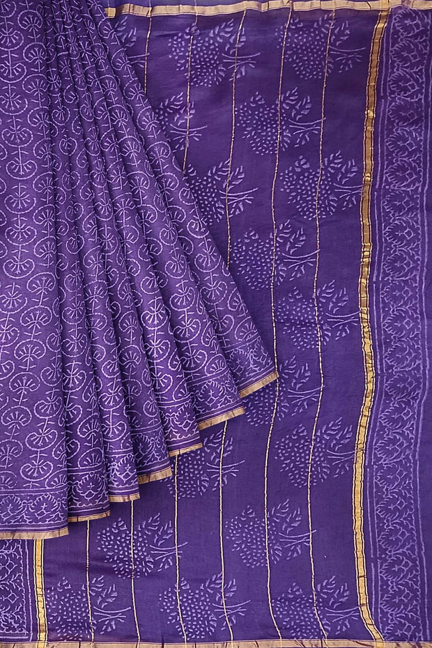 Hand block Bagru print on Chanderi silk cotton saree in purple