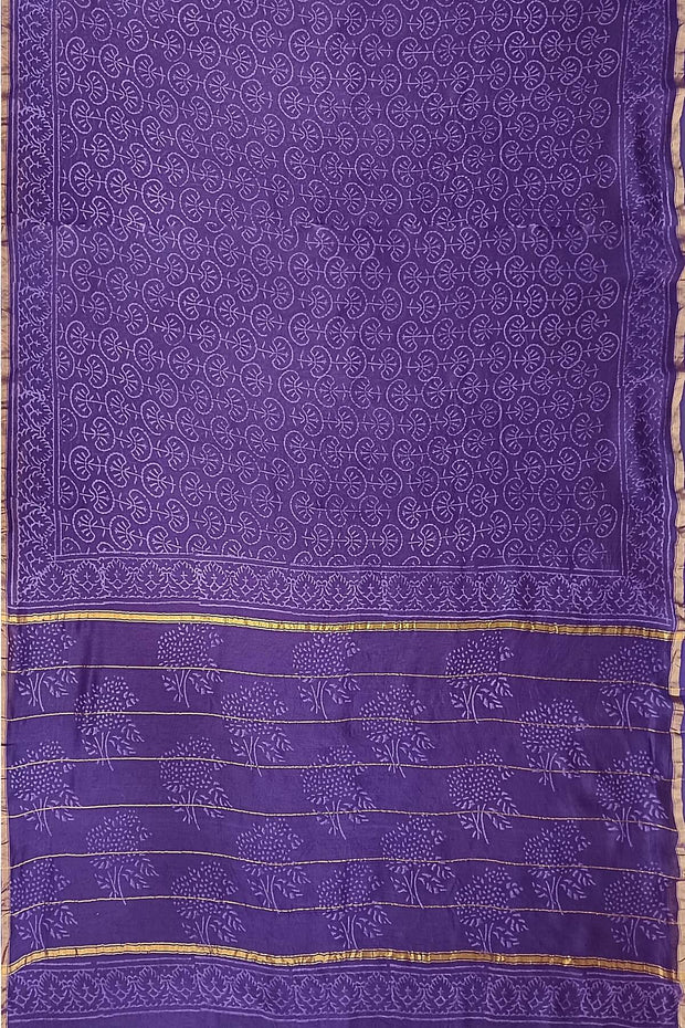 Hand block Bagru print on Chanderi silk cotton saree in purple