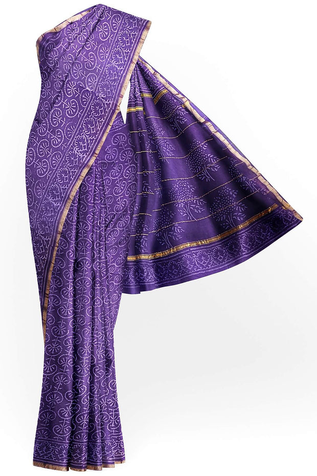 Hand block Bagru print on Chanderi silk cotton saree in purple