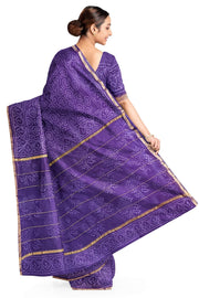 Hand block Bagru print on Chanderi silk cotton saree in purple