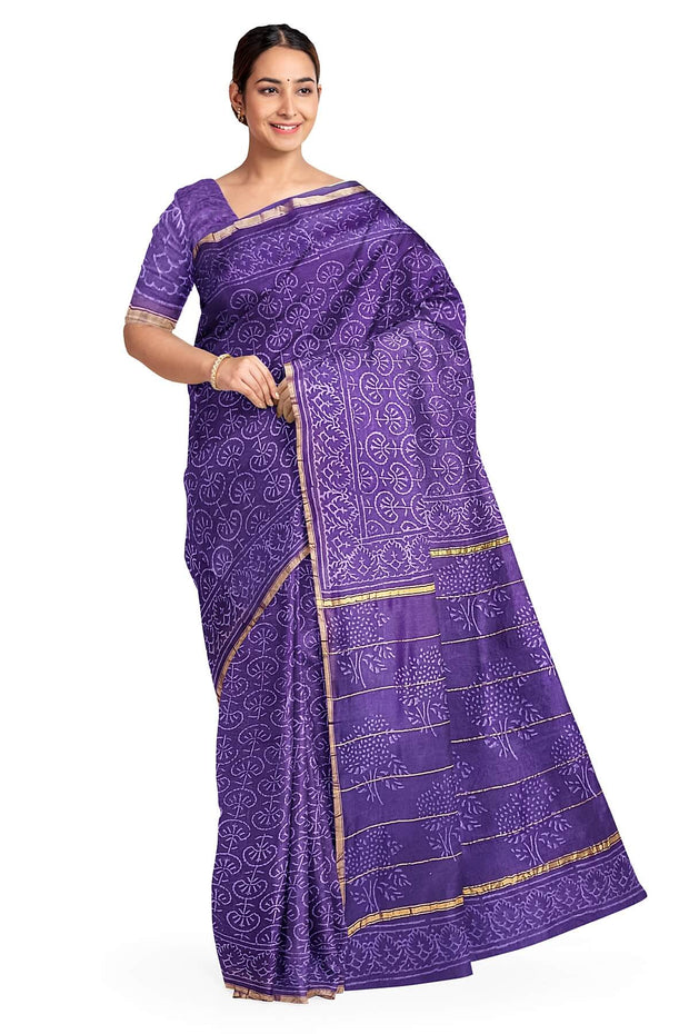 Hand block Bagru print on Chanderi silk cotton saree in purple