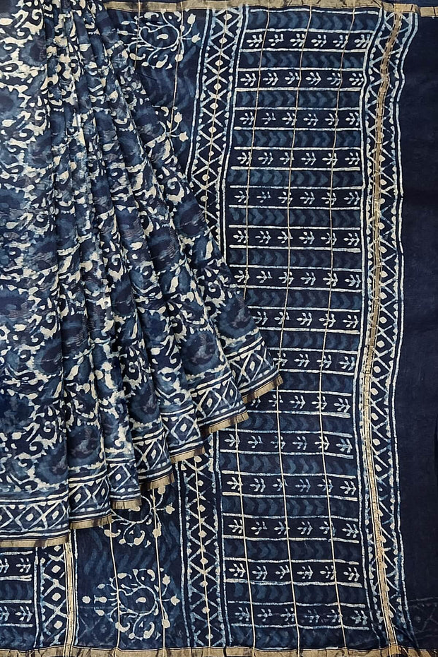 Hand block Bagru print on Chanderi silk cotton saree in indigo with floral