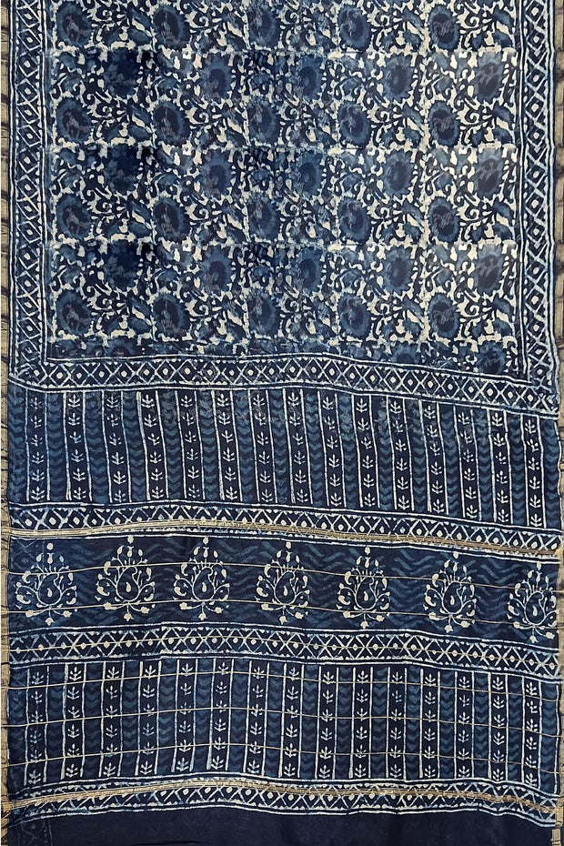 Hand block Bagru print on Chanderi silk cotton saree in indigo with floral