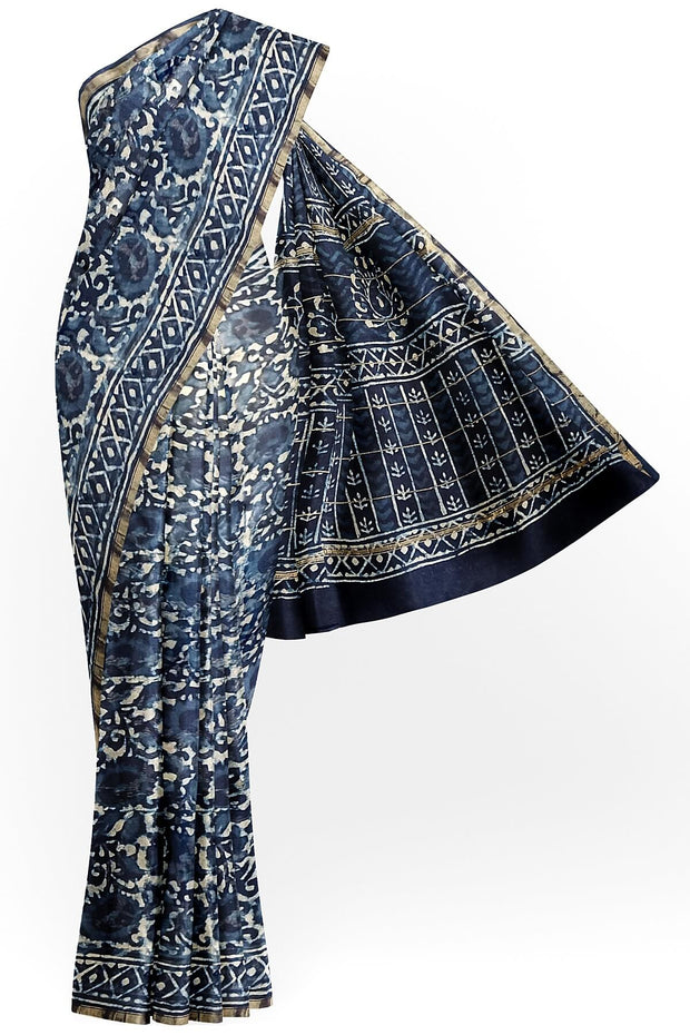 Hand block Bagru print on Chanderi silk cotton saree in indigo with floral