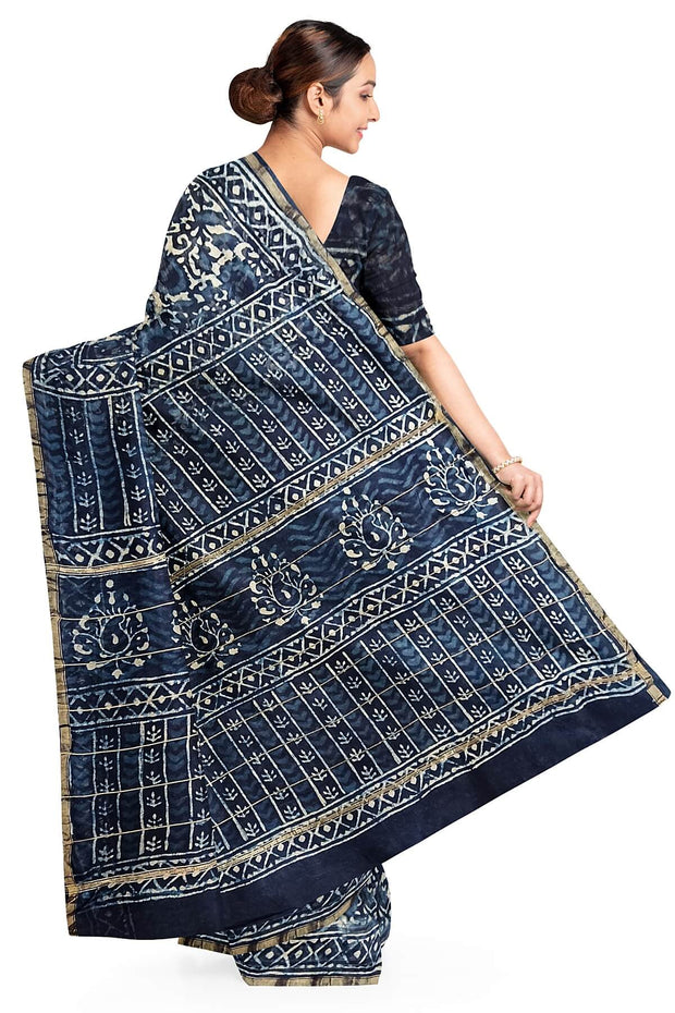 Hand block Bagru print on Chanderi silk cotton saree in indigo with floral