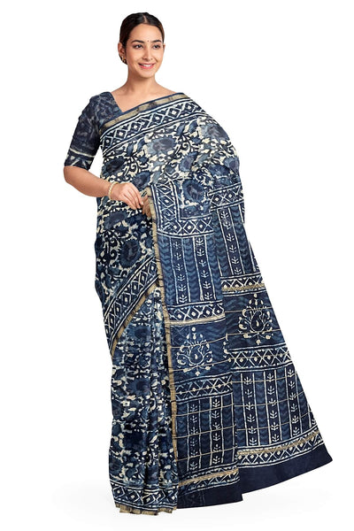 Hand block Bagru print on Chanderi silk cotton saree in indigo with floral