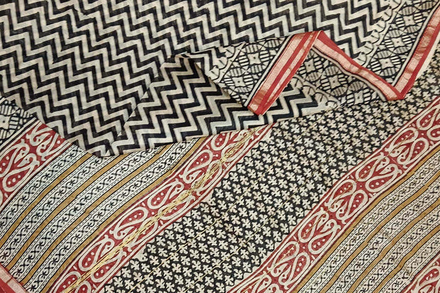 Hand block Bagru print on Chanderi silk cotton saree in off white with zig zag pattern