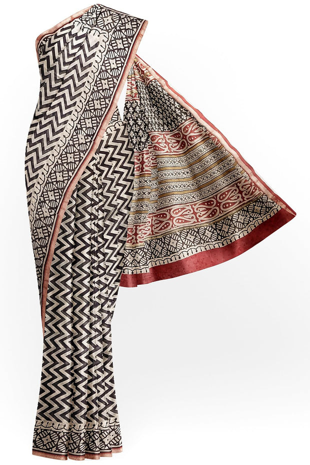 Hand block Bagru print on Chanderi silk cotton saree in off white with zig zag pattern