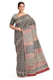 Hand block Bagru print on Chanderi silk cotton saree in off white with zig zag pattern