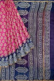 Hand block Bagru print on Chanderi silk cotton saree in  pink