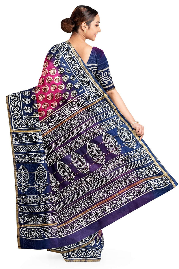 Hand block Bagru print on Chanderi silk cotton saree in  pink