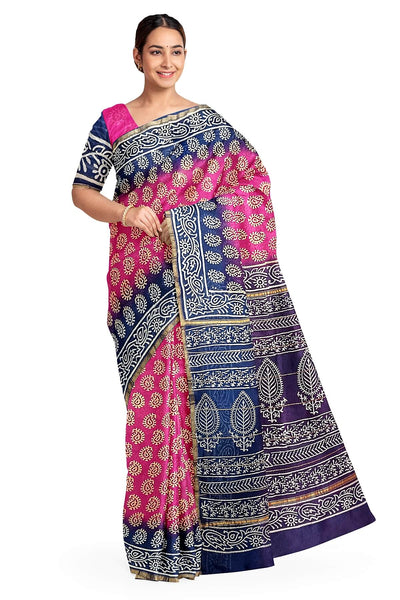 Hand block Bagru print on Chanderi silk cotton saree in  pink