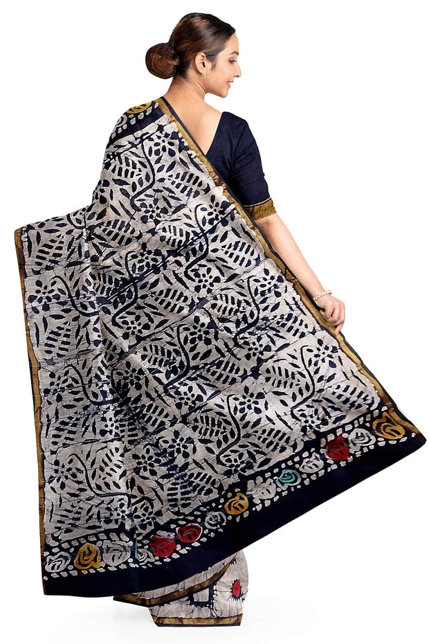 Hand block Bagru print on Chanderi silk cotton saree in  white