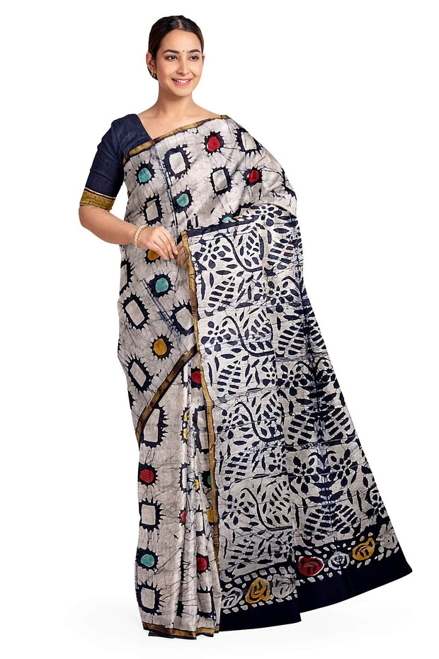 Hand block Bagru print on Chanderi silk cotton saree in  white