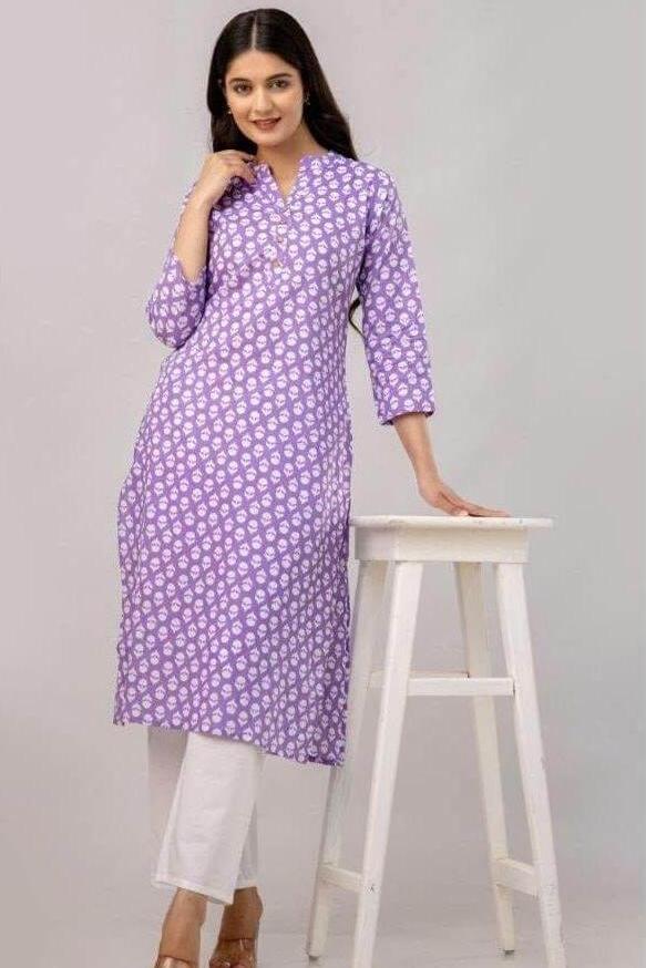 Cotton  kurti in straight cut in lavender .