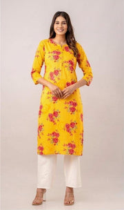 Cotton kurti  in straight cut in yellow