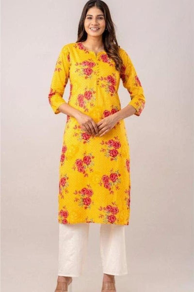 Cotton kurti  in straight cut in yellow.