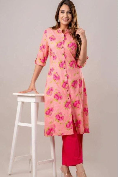 Cotton kurti  in A line cut in pink.