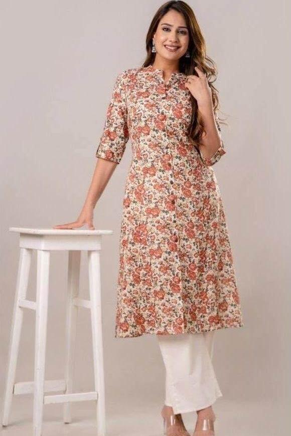 Cotton kurti  in A line in off white.