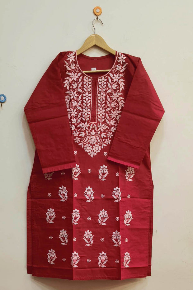 Cotton kurti with Lucknow chikan work in red