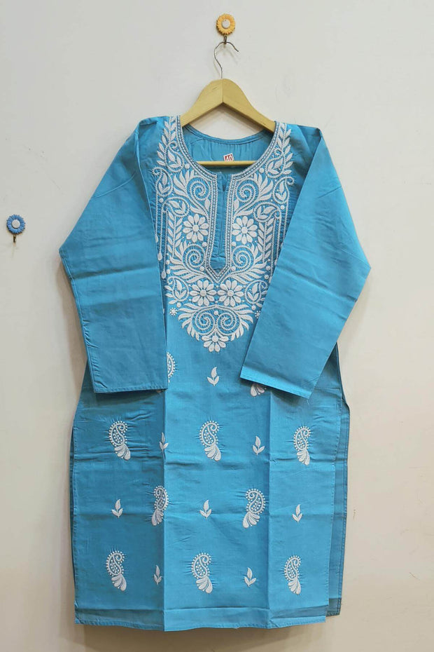 Cotton kurti with Lucknow chikan work in blue