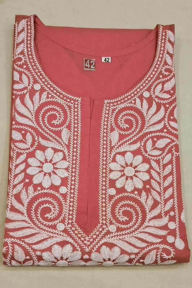 Cotton kurti with Lucknow chikan work in  pink