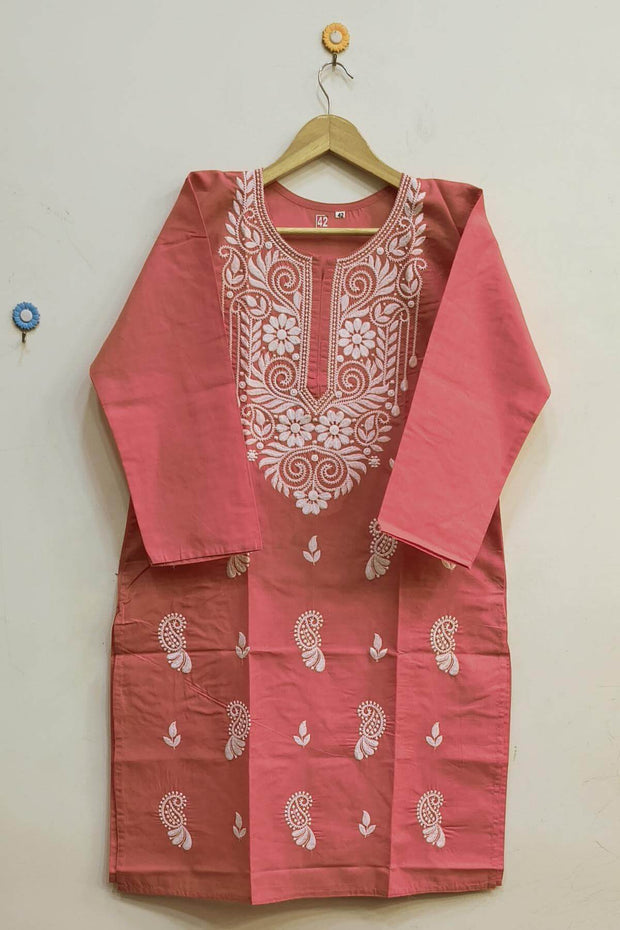 Cotton kurti with Lucknow chikan work in  pink