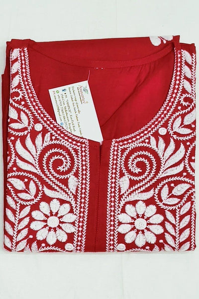 Cotton kurti with Lucknowi chikan work in  red