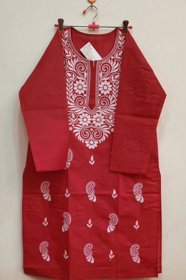 Cotton kurti with Lucknowi chikan work in  red