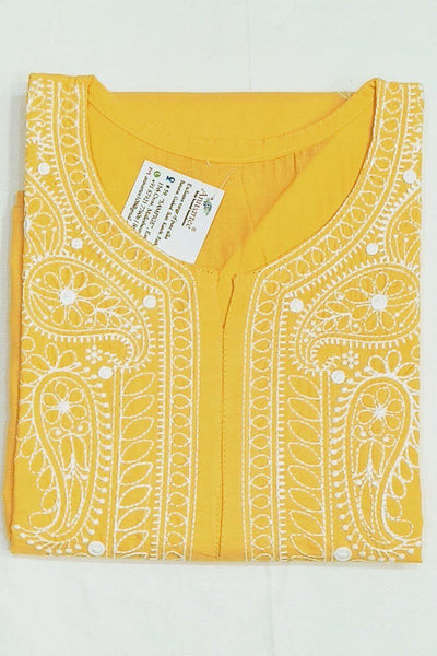 Cotton kurti with Lucknowi chikan work in  yellow