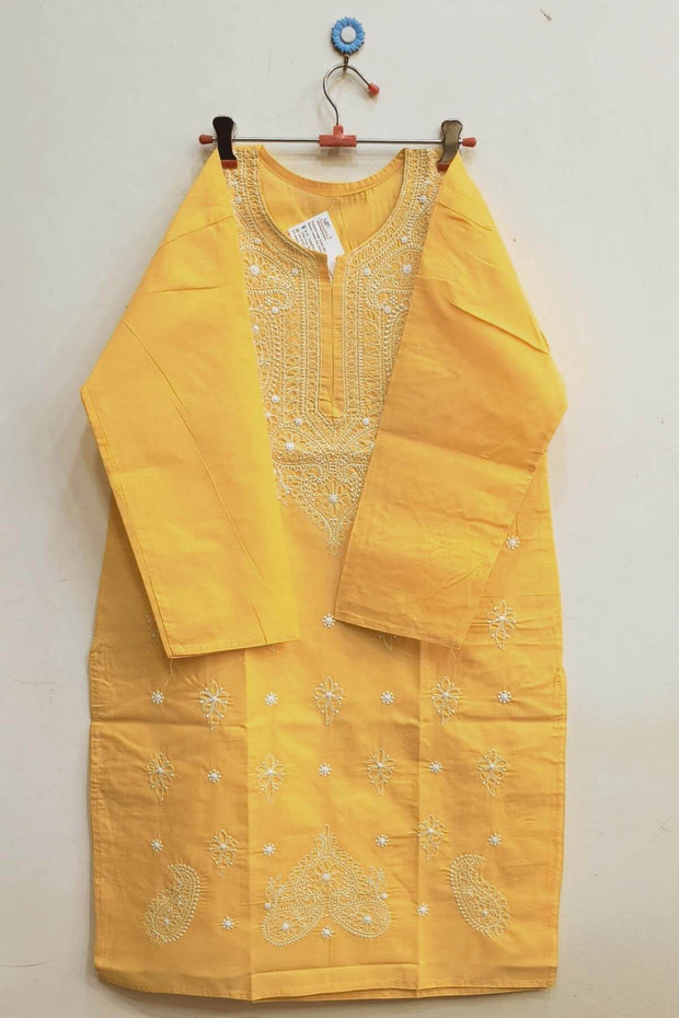 Cotton kurti with Lucknowi chikan work in  yellow