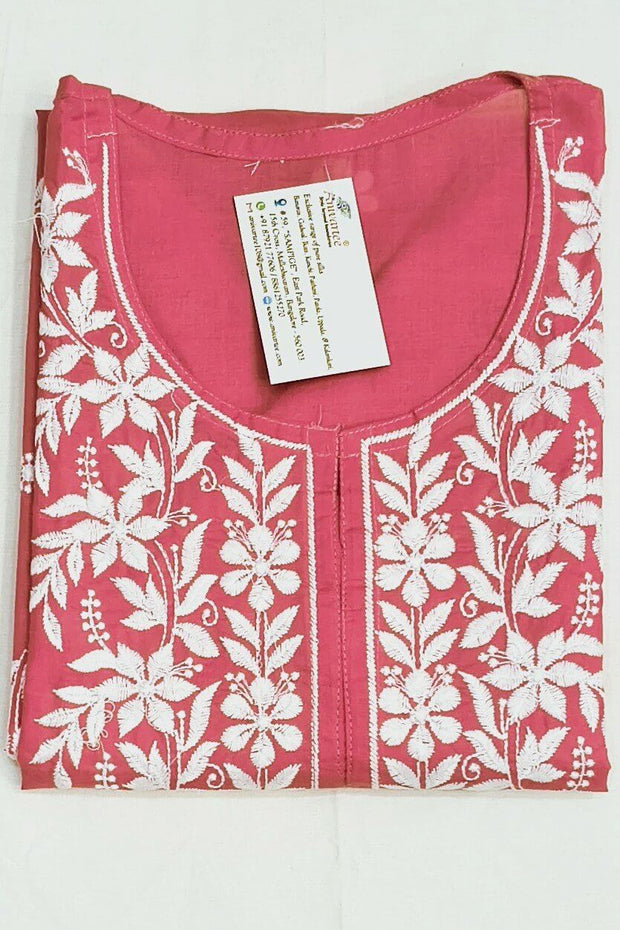 Cotton kurti with Lucknowi chikan work in  pink