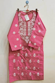 Cotton kurti with Lucknowi chikan work in  pink