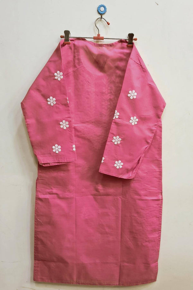 Cotton kurti with Lucknowi chikan work in  pink