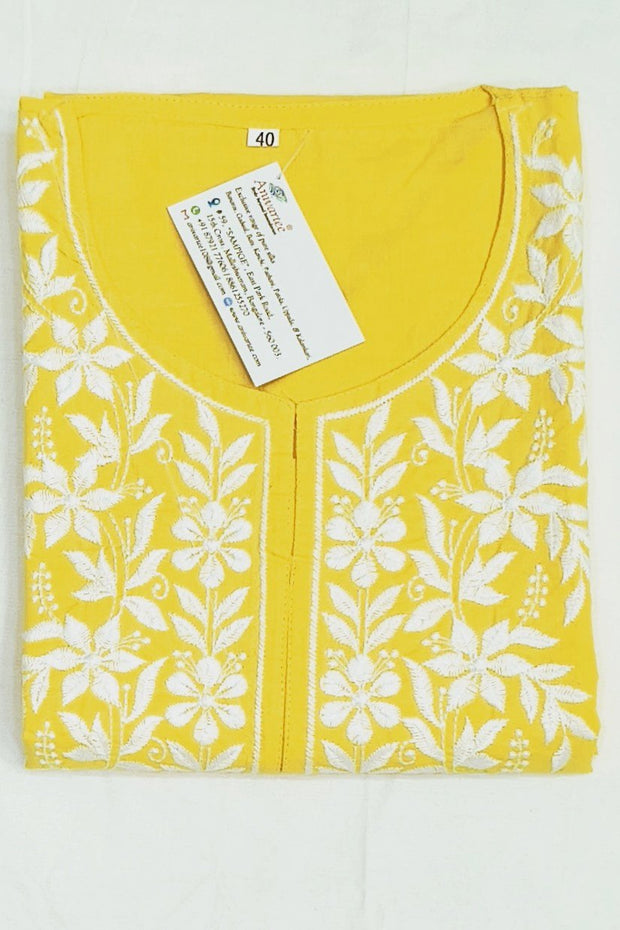 Cotton kurti with Lucknowi chikan work in  lemon yellow