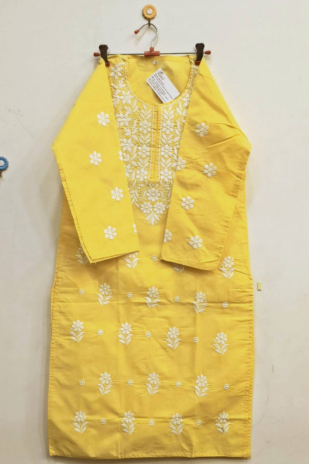 Cotton kurti with Lucknowi chikan work in  lemon yellow