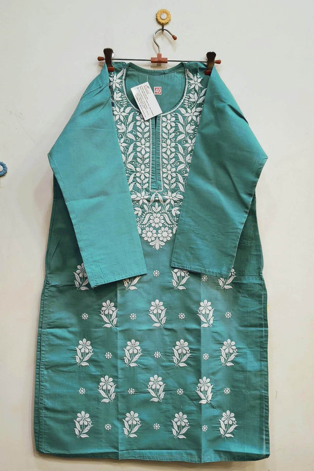 Cotton kurti with Lucknowi chikan work in  teal blue