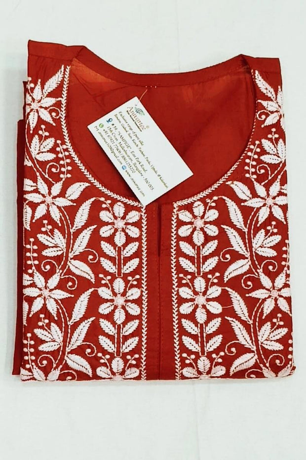 Cotton kurti with Lucknowi chikan work in  dark red