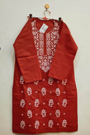 Cotton kurti with Lucknowi chikan work in  dark red