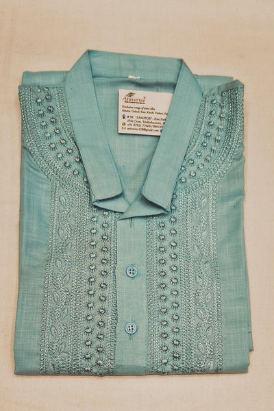 Cotton kurta with Lucknowi chikan work in sky blue