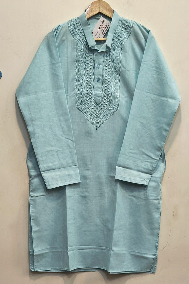 Cotton kurta with Lucknowi chikan work in sky blue