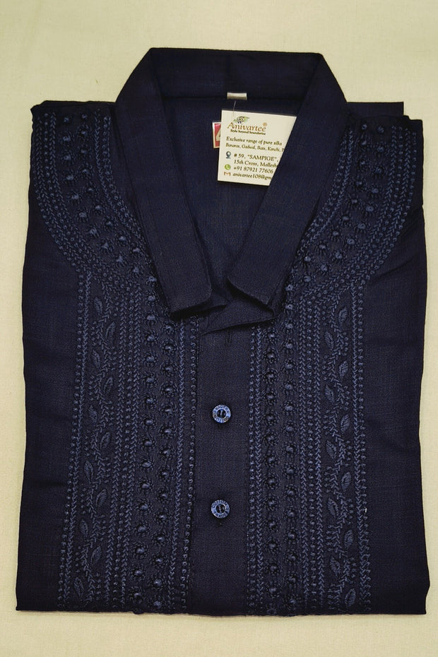 Cotton kurta with Lucknowi chikan work in  navy blue