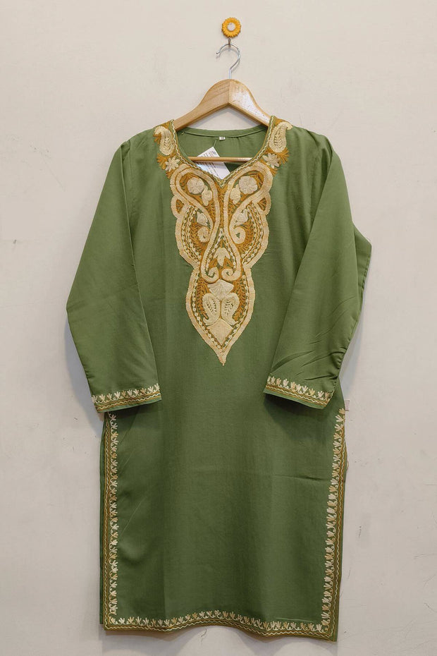 Cotton kurta in olive green  with hand embroidered Kashmiri aari work