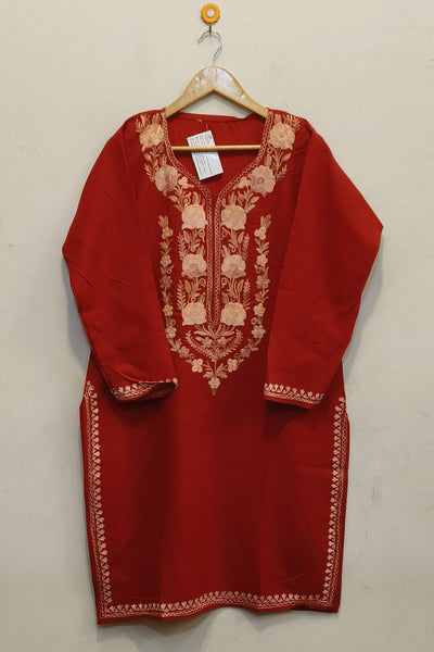 Cotton kurta in maroon  with hand embroidered Kashmiri aari work