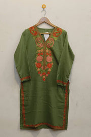 Cotton kurta in  green  with hand embroidered Kashmiri aari work